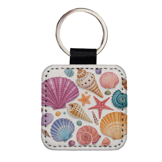 Seashell Collage Colorful Square Faux Leather Keychain