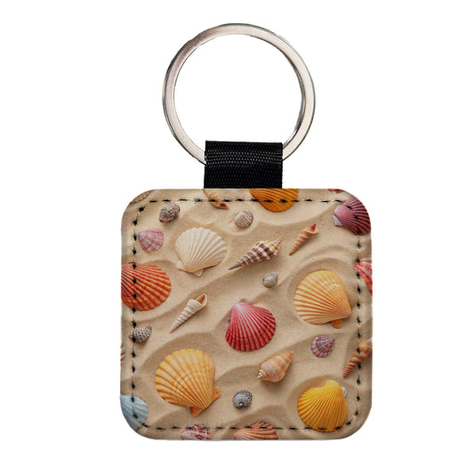 Seashell Collage On Sandy Background Beach Square Faux Leather Keychain