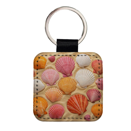 Seashells On Sandy Beach Background Square Faux Leather Keychain