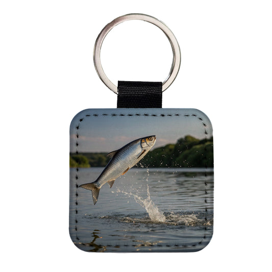 Shad Fish Jumping Fishing Square Faux Leather Keychain