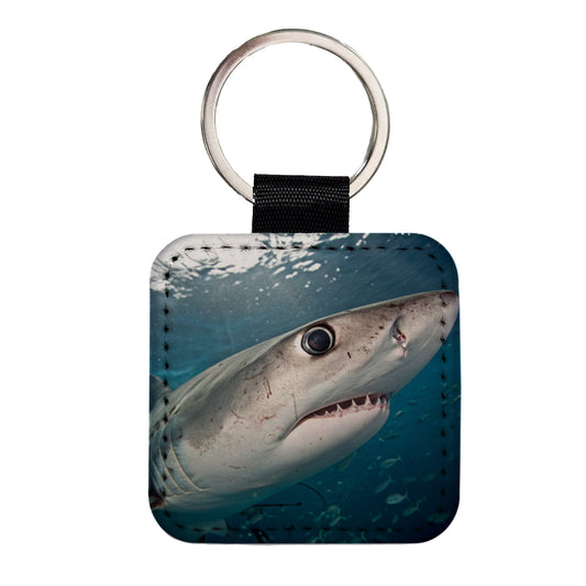 Shark Eye Close Up Ocean Square Faux Leather Keychain