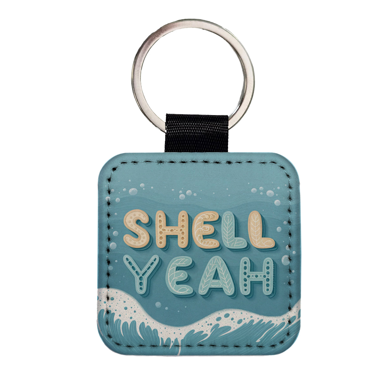Shell Yeah Sea Foam Ocean Beach Square Faux Leather Keychain