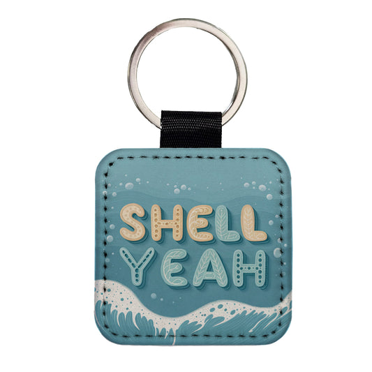 Shell Yeah Sea Foam Ocean Beach Square Faux Leather Keychain