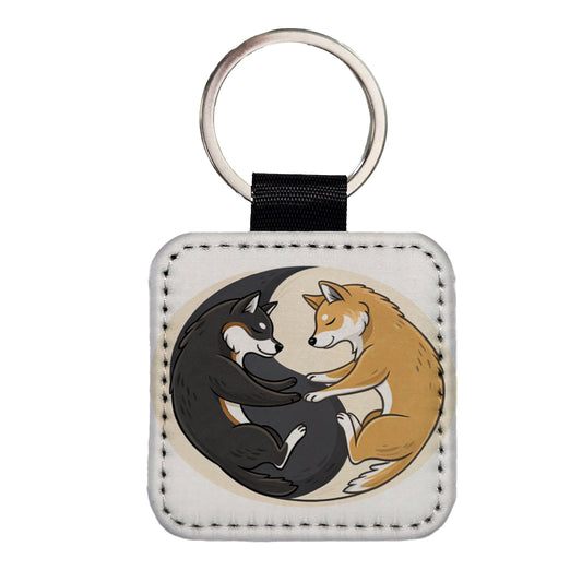 Shiba Inus Yin Yang Dogs Square Faux Leather Keychain