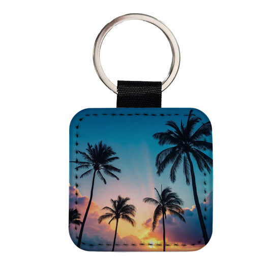 Silhouetted Palm Trees Beautiful Sky Square Faux Leather Keychain