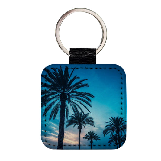 Silhouetted Palm Trees Blue Sky Square Faux Leather Keychain