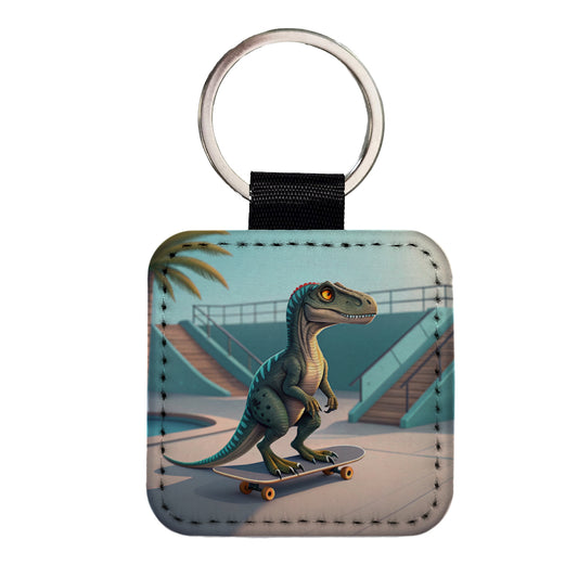 Skateboarding Raptor Dinosaur Funny Square Faux Leather Keychain