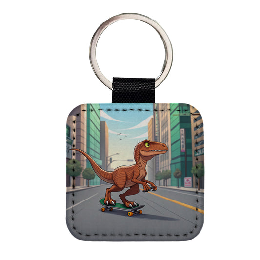 Skateboarding Raptor Dinosaur Square Faux Leather Keychain