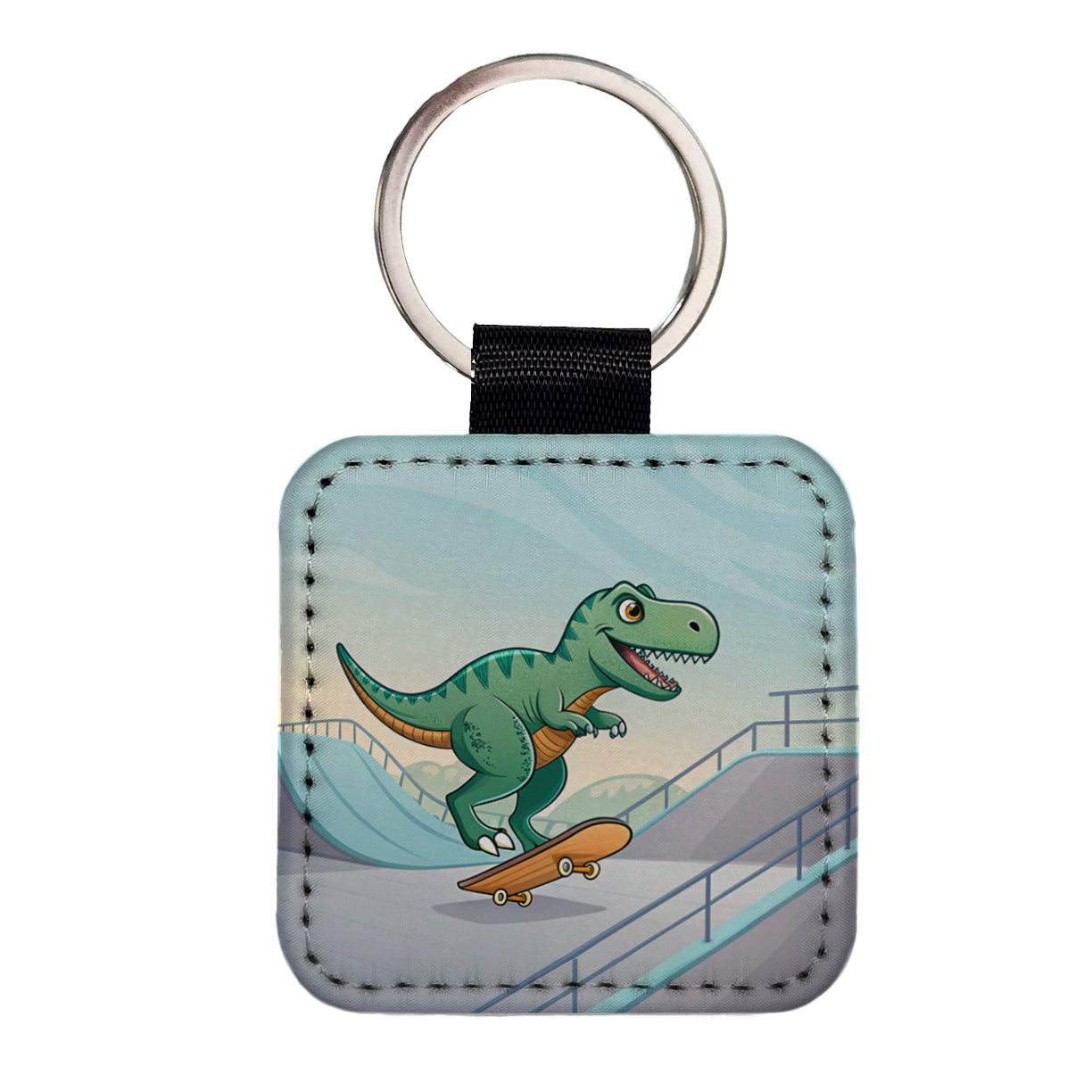 Skateboarding Tyrannosaurus Rex Dinosaur Cute Square Faux Leather Keychain
