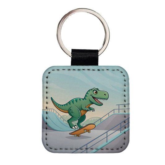Skateboarding Tyrannosaurus Rex Dinosaur Cute Square Faux Leather Keychain