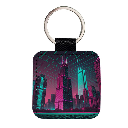 Skyscrapers Buildings Lit Pink Teal Square Faux Leather Keychain