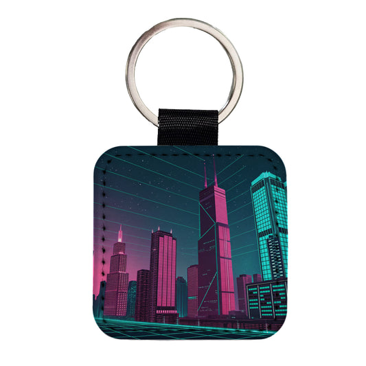 Skyscrapers Lit Pink Teal Glitch Effects Square Faux Leather Keychain