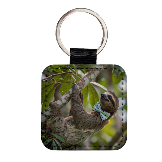 Sloth Wearing Bow Tie Funny Square Faux Leather Keychain