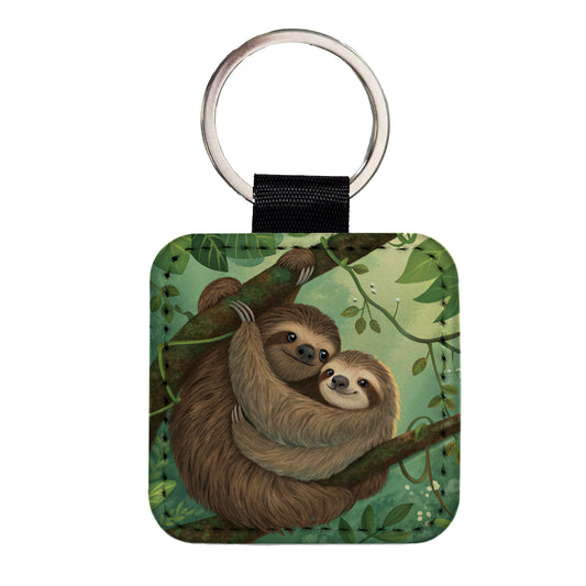 Sloths Hugging Love Square Faux Leather Keychain