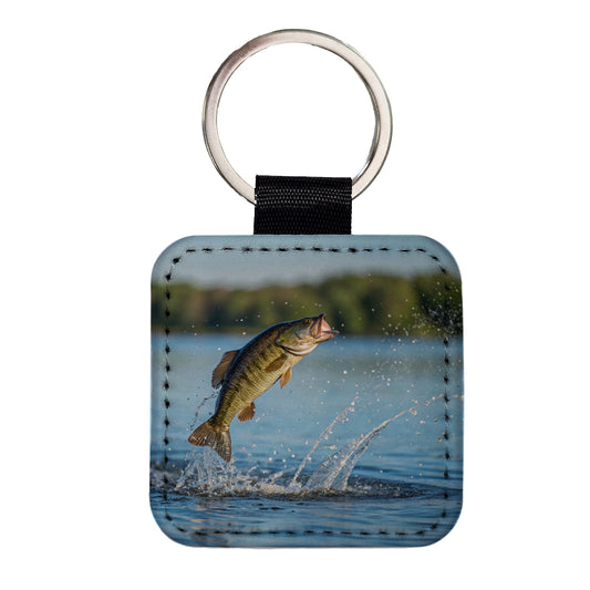Smallmouth Bass Fish Jumping Fishing Square Faux Leather Keychain