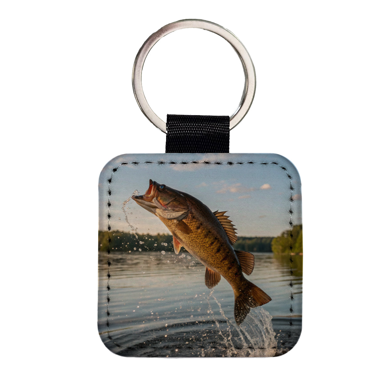 Smallmouth Bass Fish Jumping River Fishing Square Faux Leather Keychain