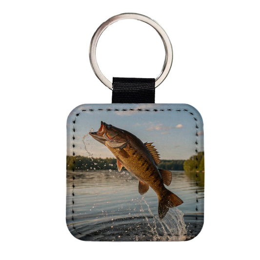 Smallmouth Bass Fish Jumping River Fishing Square Faux Leather Keychain