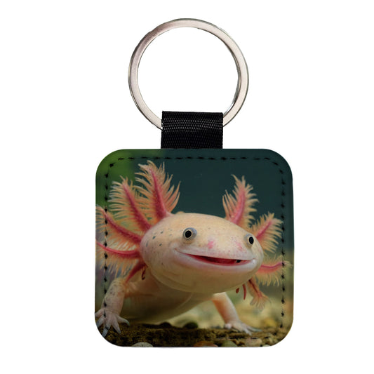 Smiling Axolotl Adorable Square Faux Leather Keychain