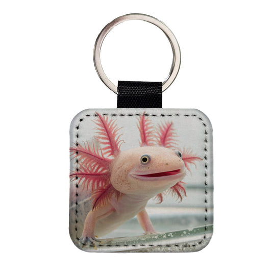 Smiling Axolotl Cute Funny Square Faux Leather Keychain