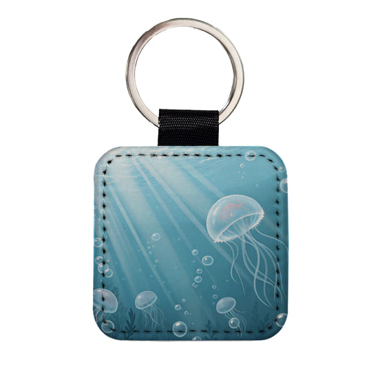 Soft Blue Tones Floating Jellyfish Bubbles Ocean Square Faux Leather Keychain