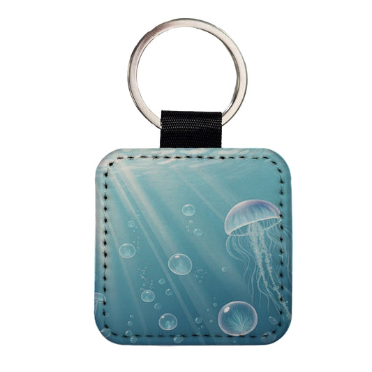 Soft Blue Tones Jellyfish Ocean Sea Square Faux Leather Keychain