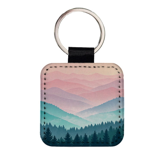 Soft Gradient Pastels Hills Trees Square Faux Leather Keychain