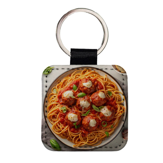 Spaghetti And Meatballs Top Down View Pasta Square Faux Leather Keychain