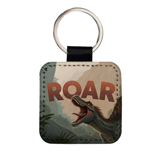 Spinosaurus Roar Bold Text Dinosaur Square Faux Leather Keychain