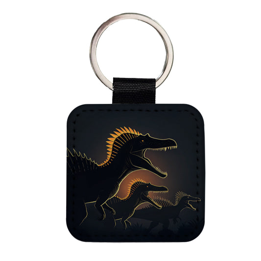 Spinosaurus Silhouettes Night Dinosaurs Square Faux Leather Keychain