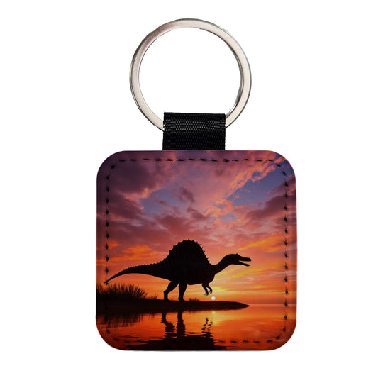 Spinosaurus Sunset Dinosaur Square Faux Leather Keychain