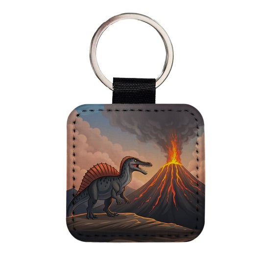 Spinosaurus Volcano Erupting Dinosaur Square Faux Leather Keychain