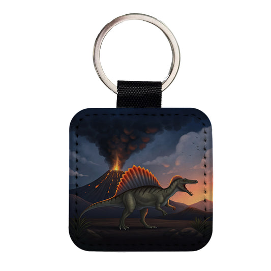 Spinosaurus Volcano Lava Dinosaur Square Faux Leather Keychain