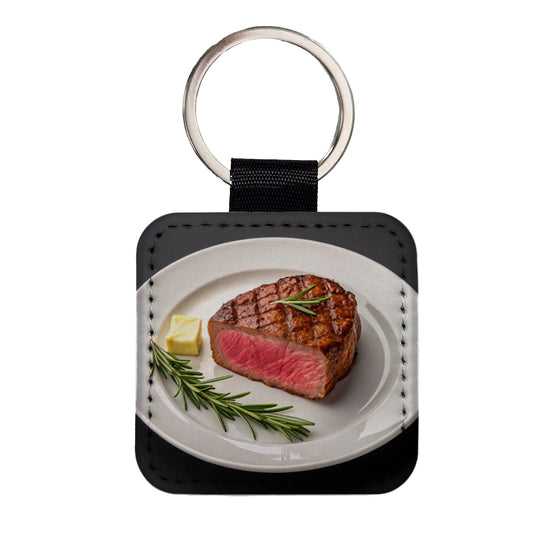 Steak Dinner On Plate Square Faux Leather Keychain