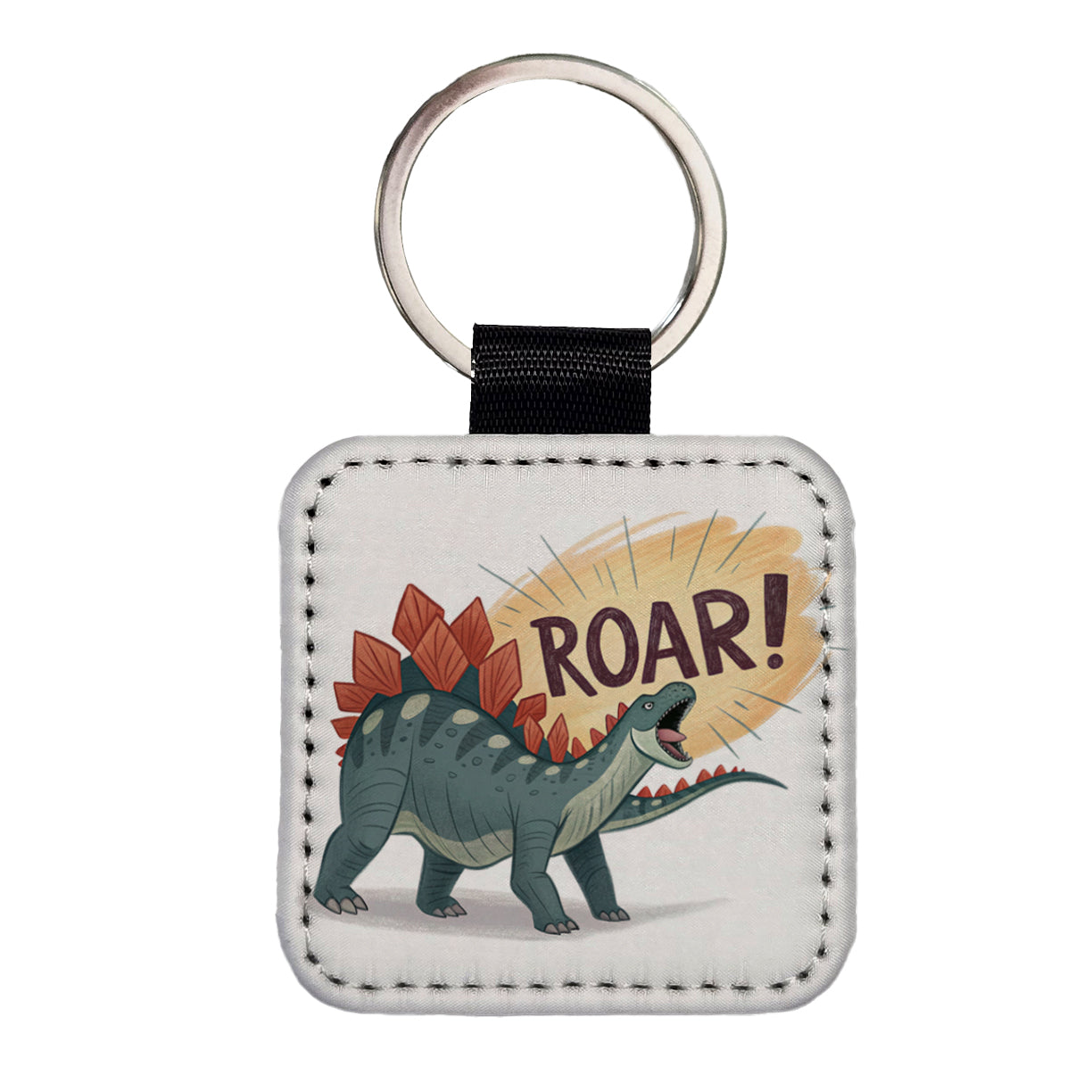 Stegosaurus Roar Dinosaur Square Faux Leather Keychain