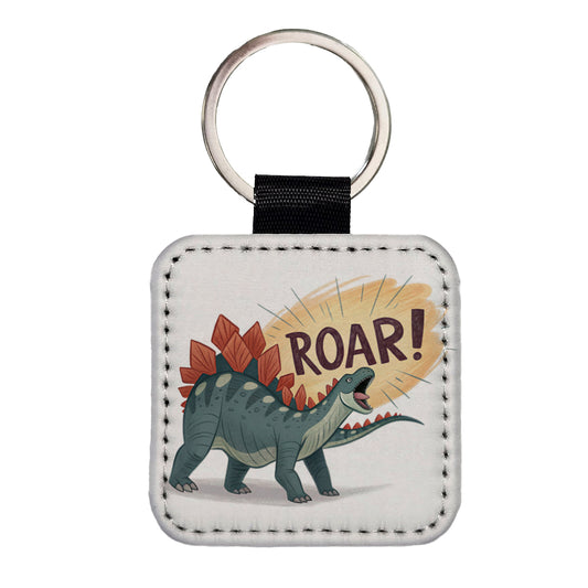 Stegosaurus Roar Dinosaur Square Faux Leather Keychain
