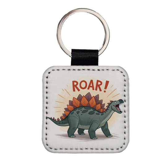 Stegosaurus Roar Text Dinosaur Fun Square Faux Leather Keychain