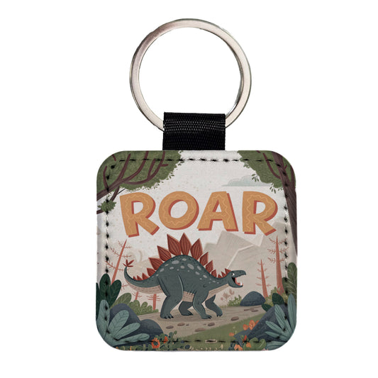 Stegosaurus With Roar Bold Text Dinosaur Square Faux Leather Keychain