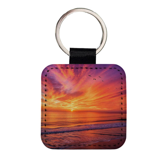 Sunrise Sunset Over The Ocean Beach Square Faux Leather Keychain