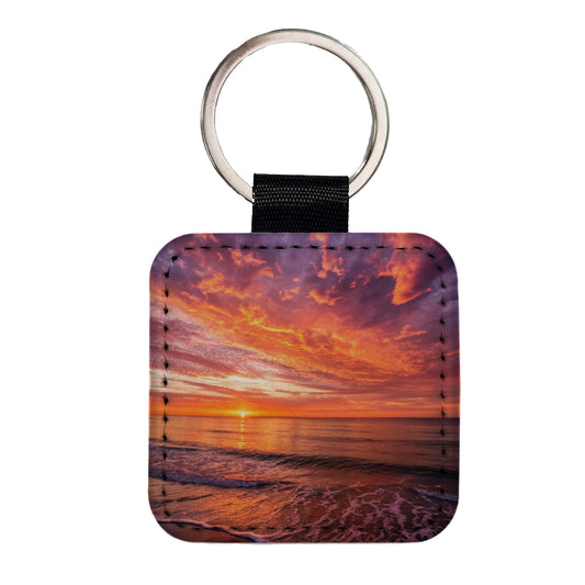 Sunrise Sunset Over The Ocean Square Faux Leather Keychain