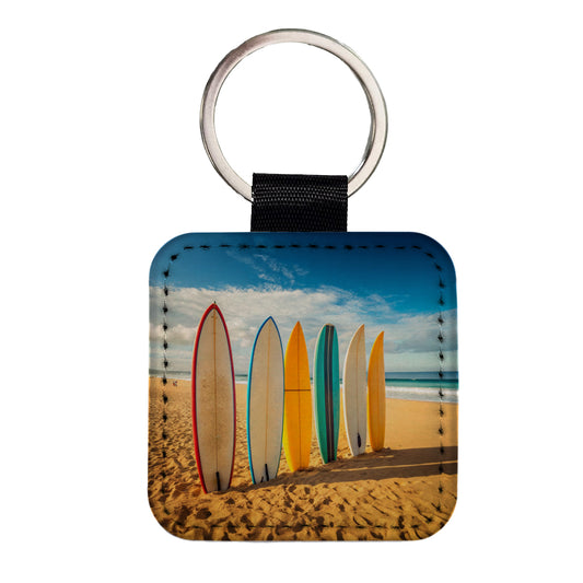 Surfboard Lineup On Beach Square Faux Leather Keychain