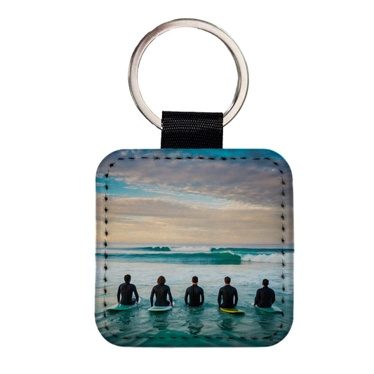 Surfing Surfers Surfboards Lineup Ocean Square Faux Leather Keychain