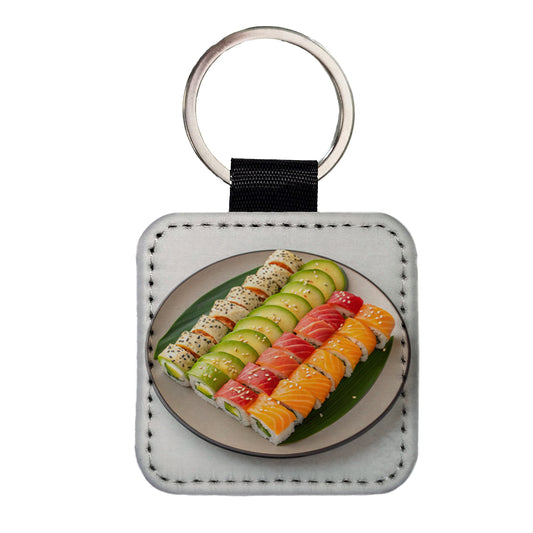 Sushi Rolls Plate Square Faux Leather Keychain