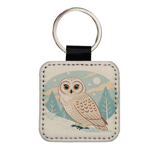 Sweet Snowy Owl Winter Square Faux Leather Keychain
