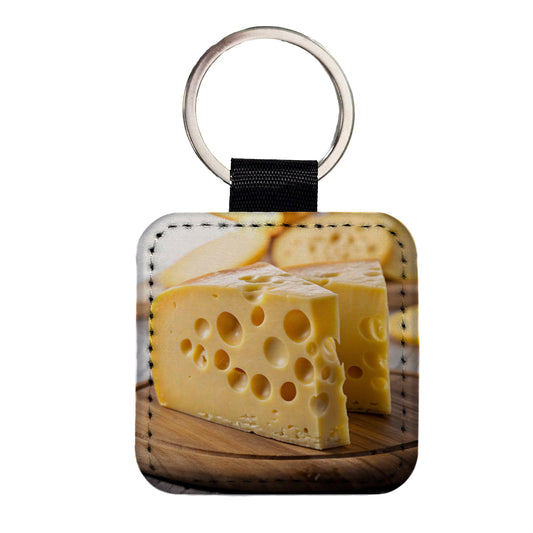Swiss Cheese on Cutting Board Square Faux Leather Keychain