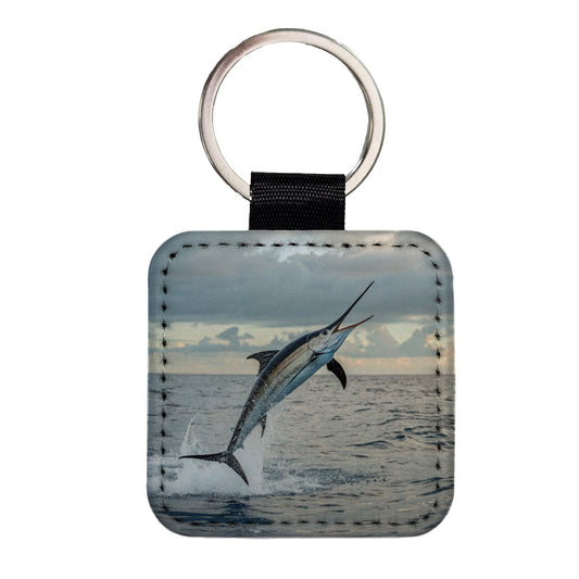 Swordfish Jumping Fishing Square Faux Leather Keychain