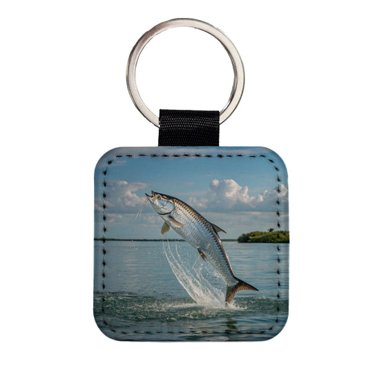 Tarpon Fish Jumping Fishing Square Faux Leather Keychain