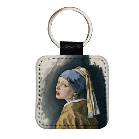 The Girl With A Pearl Earring By Johannes Vermeer Inspired Square Faux Leather Keychain