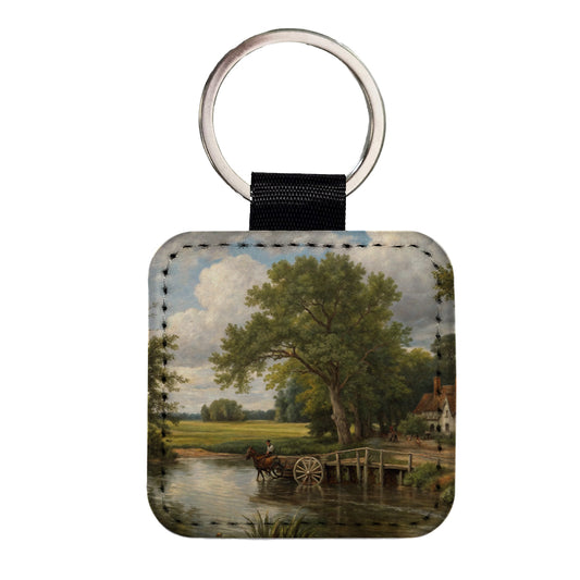 The Hay Wain By John Constable Inspired Square Faux Leather Keychain