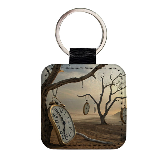 The Persistence Of Memory By Salvador Dali Parody Clocks Square Faux Leather Keychain