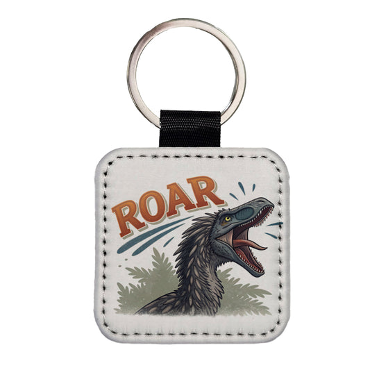 Therizinosaurus Roar Bold Dinosaur Square Faux Leather Keychain